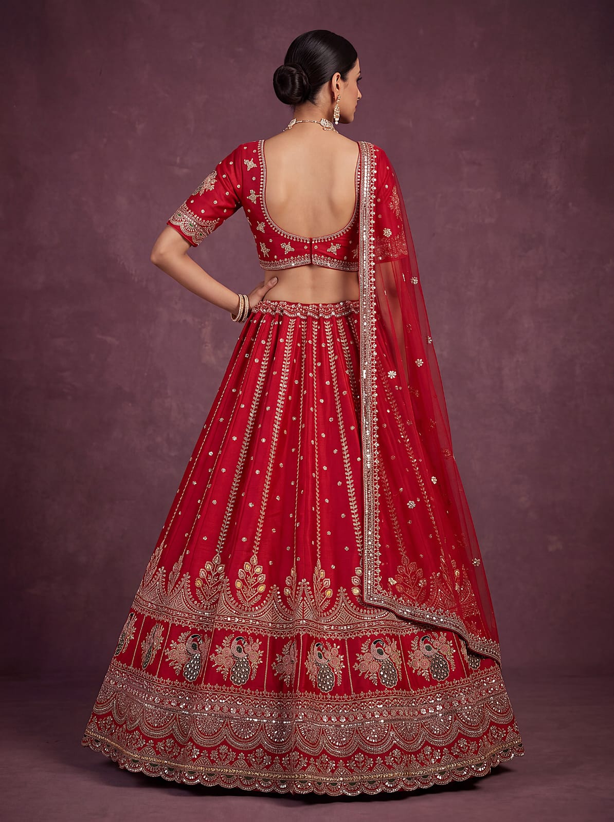 Red Pure Soft Pink Moti Handwork Peacock Multi Cotton thread Sequins Work Bridal Lehenga Choli