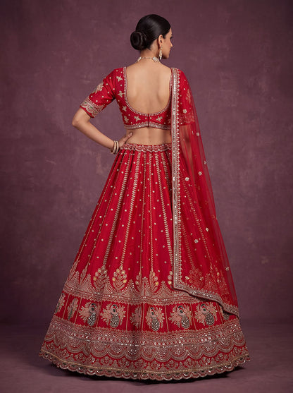 Red Pure Soft Pink Moti Handwork Peacock Multi Cotton thread Sequins Work Bridal Lehenga Choli