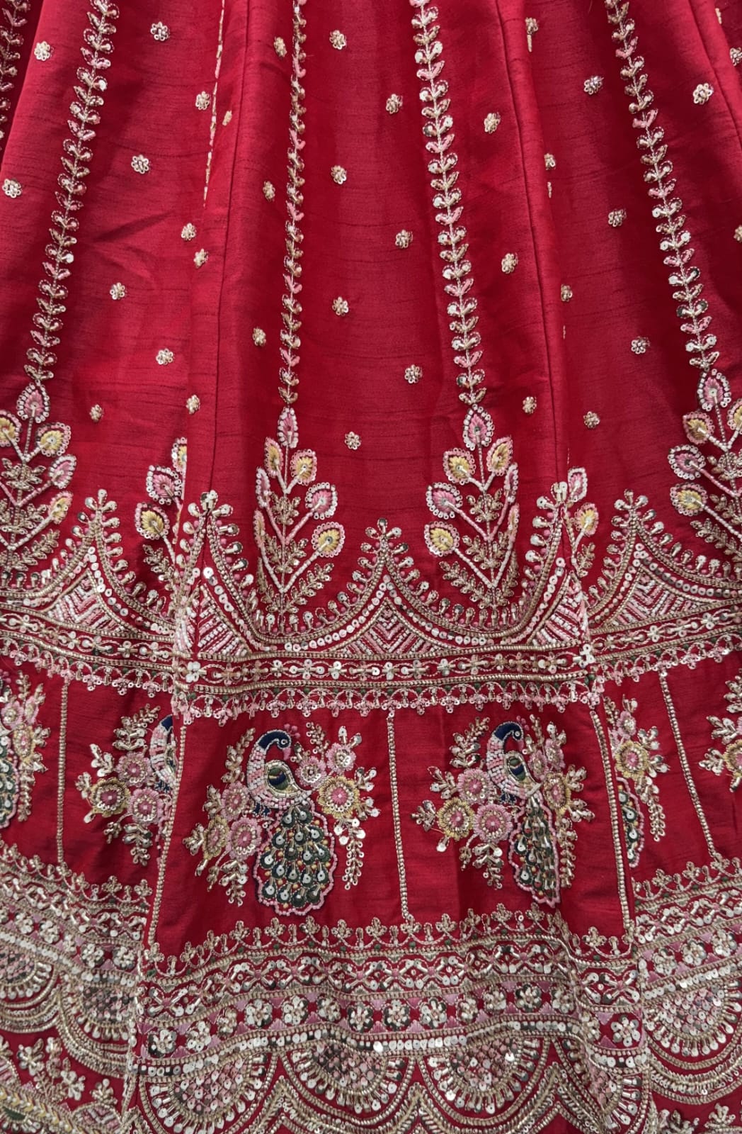 Red Pure Soft Pink Moti Handwork Peacock Multi Cotton thread Sequins Work Bridal Lehenga Choli