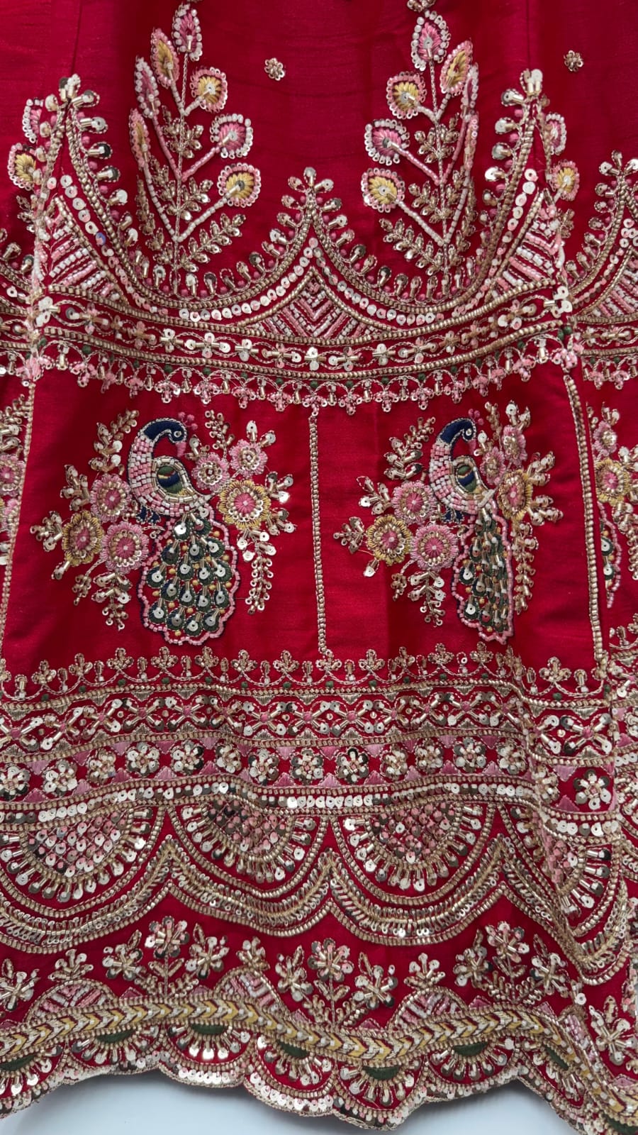 Red Pure Soft Pink Moti Handwork Peacock Multi Cotton thread Sequins Work Bridal Lehenga Choli