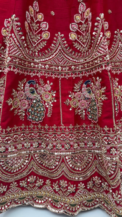 Red Pure Soft Pink Moti Handwork Peacock Multi Cotton thread Sequins Work Bridal Lehenga Choli
