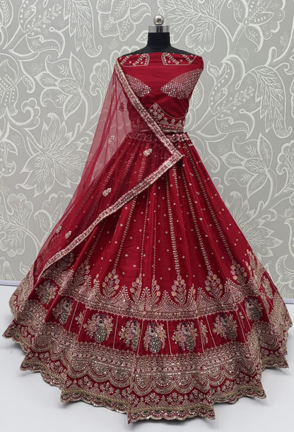 Red Pure Soft Pink Moti Handwork Peacock Multi Cotton thread Sequins Work Bridal Lehenga Choli