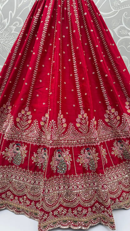 Red Pure Soft Pink Moti Handwork Peacock Multi Cotton thread Sequins Work Bridal Lehenga Choli