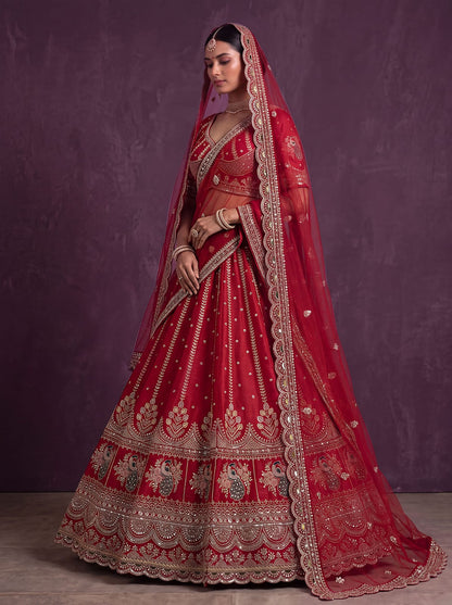 Red Pure Soft Pink Moti Handwork Peacock Multi Cotton thread Sequins Work Bridal Lehenga Choli