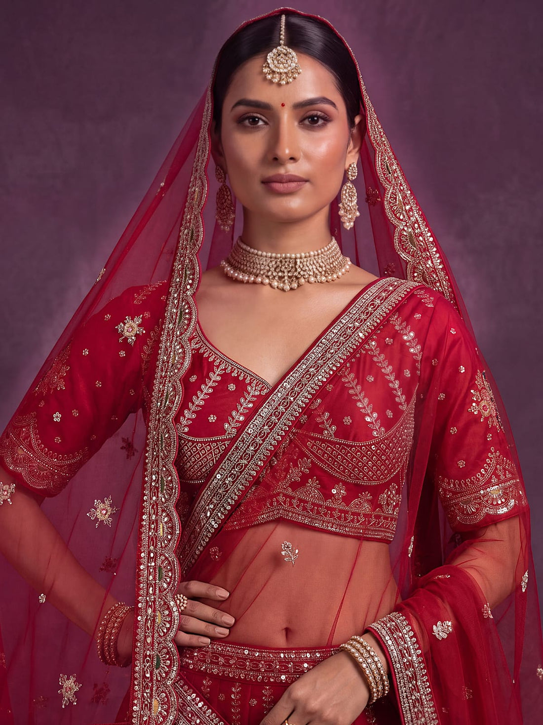 Red Pure Soft Pink Moti Handwork Peacock Multi Cotton thread Sequins Work Bridal Lehenga Choli