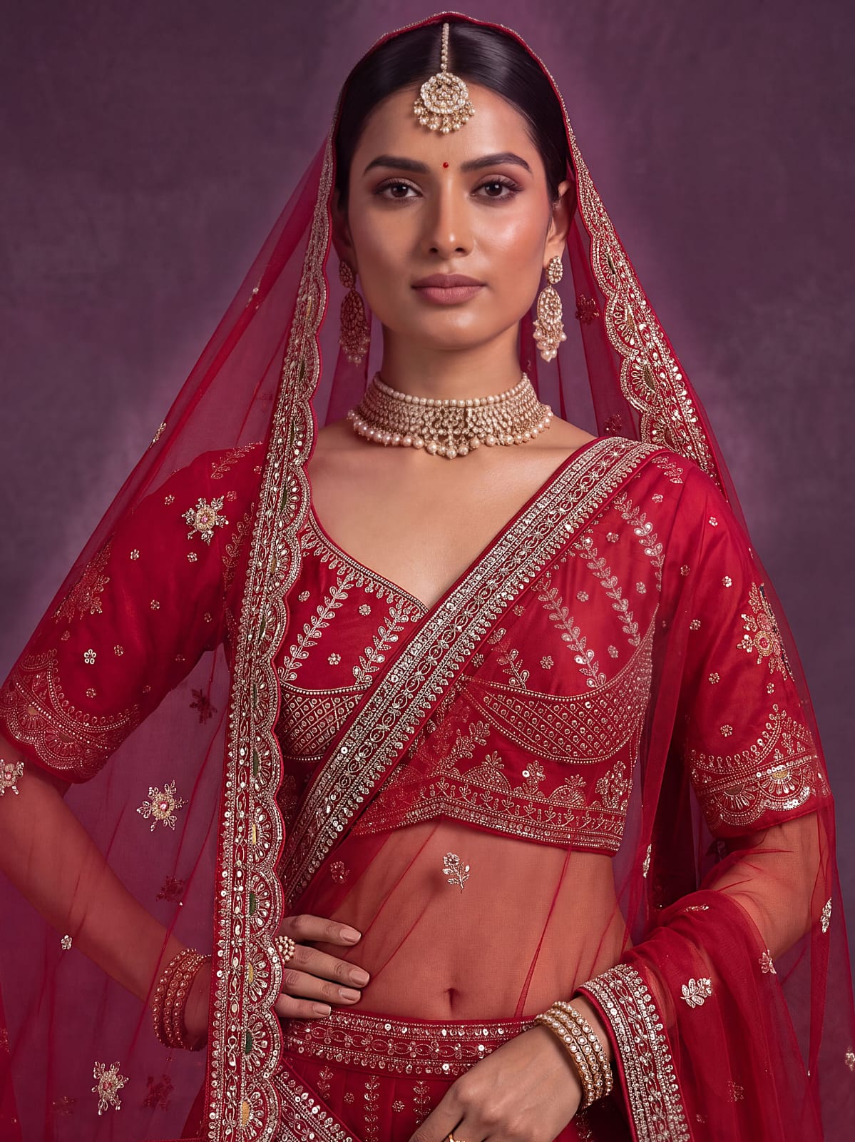 Red Pure Soft Pink Moti Handwork Peacock Multi Cotton thread Sequins Work Bridal Lehenga Choli