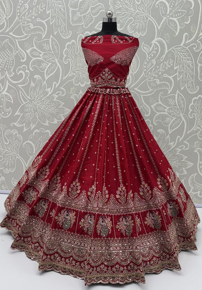 Red Pure Soft Pink Moti Handwork Peacock Multi Cotton thread Sequins Work Bridal Lehenga Choli