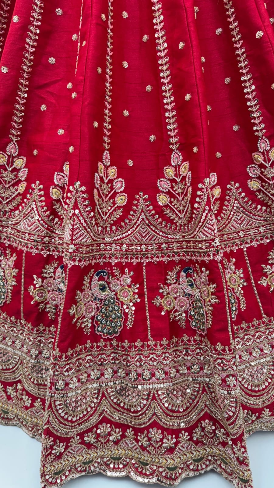 Red Pure Soft Pink Moti Handwork Peacock Multi Cotton thread Sequins Work Bridal Lehenga Choli