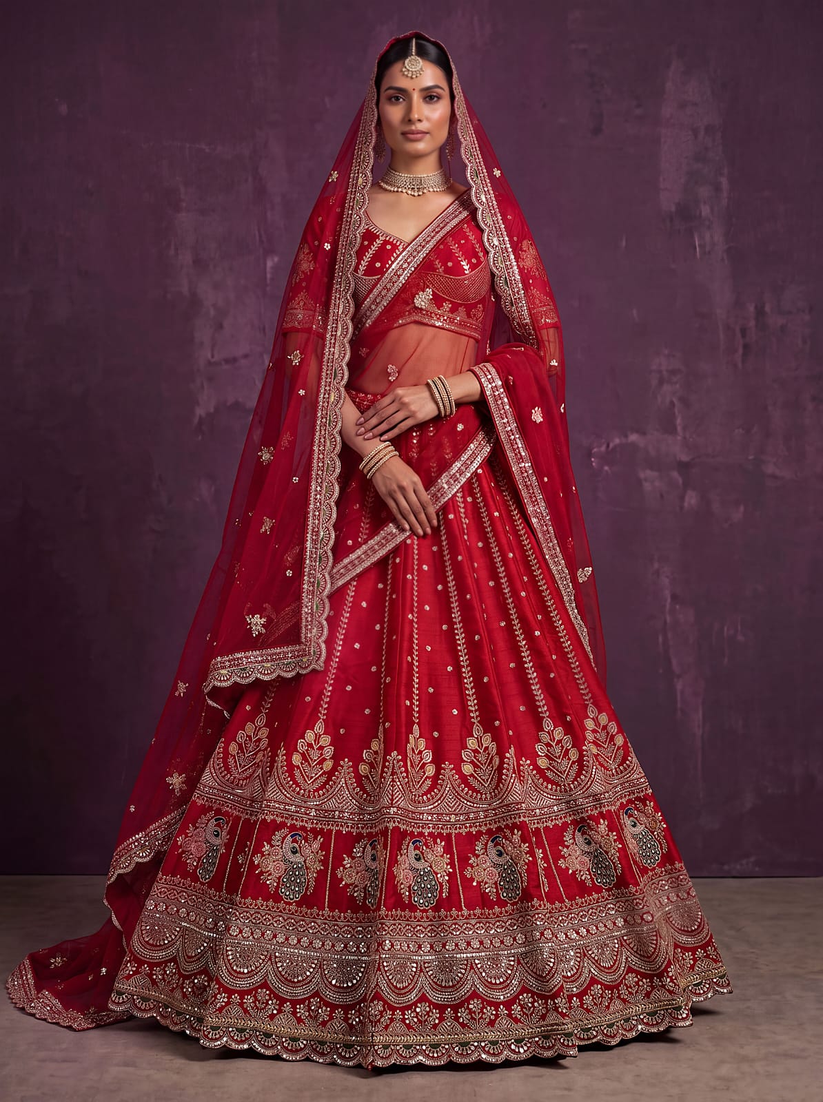 Red Pure Soft Pink Moti Handwork Peacock Multi Cotton thread Sequins Work Bridal Lehenga Choli