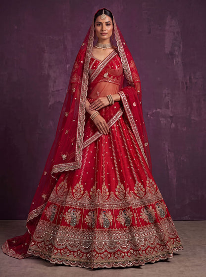 Red Pure Soft Pink Moti Handwork Peacock Multi Cotton thread Sequins Work Bridal Lehenga Choli