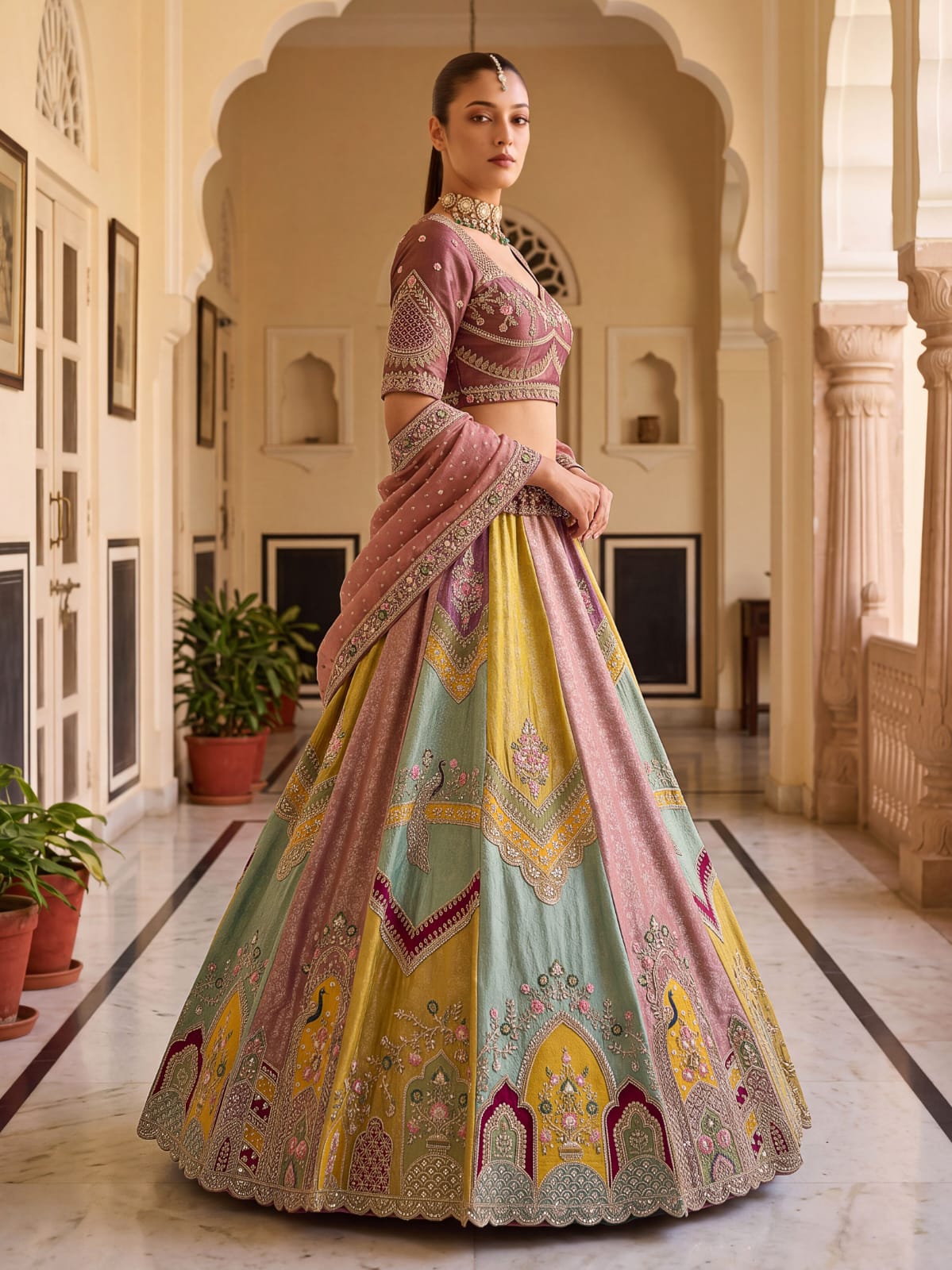 Multi Pure Banarasi Silk Handwork Moti Dori &amp; Multi Thread Sequins Work Bridal Lehenga Choli