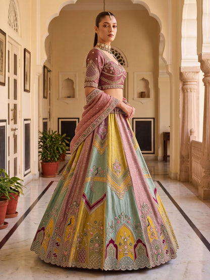 Multi Pure Banarasi Silk Handwork Moti Dori &amp; Multi Thread Sequins Work Bridal Lehenga Choli