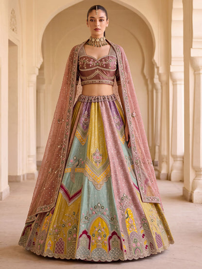 Multi Pure Banarasi Silk Handwork Moti Dori &amp; Multi Thread Sequins Work Bridal Lehenga Choli