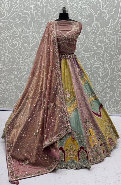 Multi Pure Banarasi Silk Handwork Moti Dori &amp; Multi Thread Sequins Work Bridal Lehenga Choli