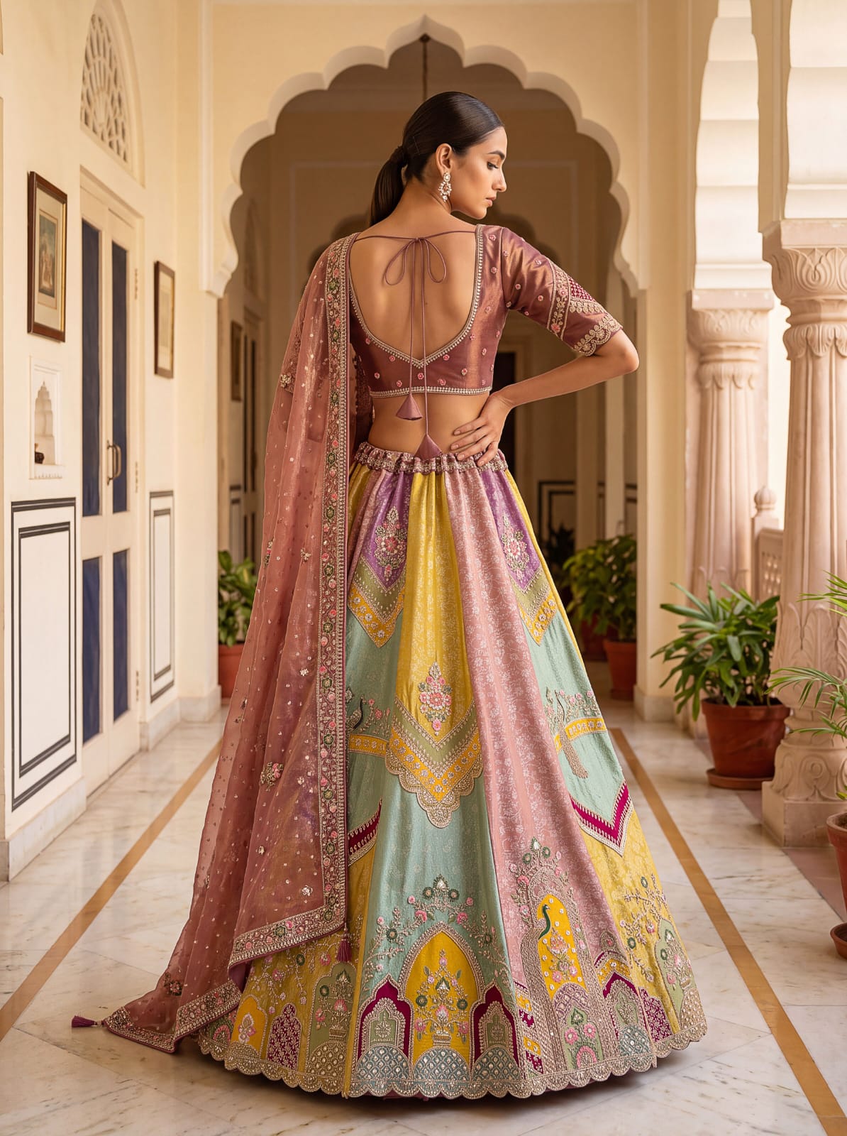 Multi Pure Banarasi Silk Handwork Moti Dori &amp; Multi Thread Sequins Work Bridal Lehenga Choli