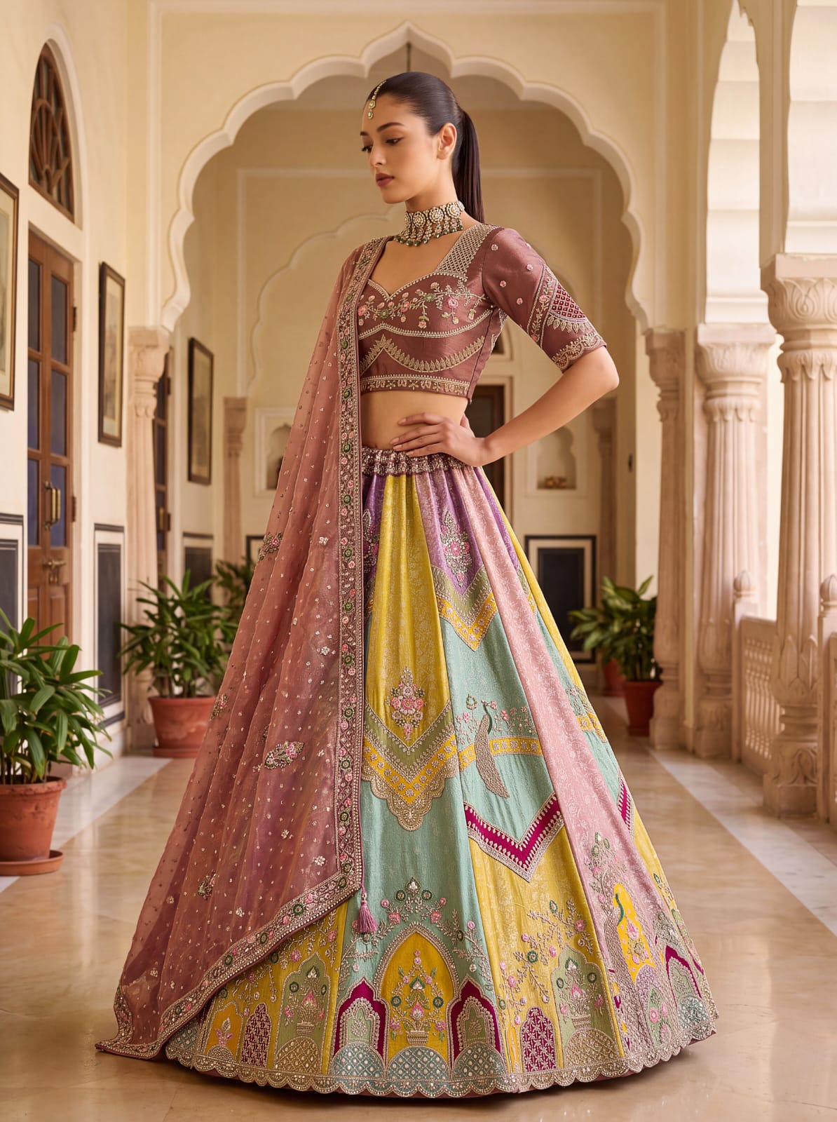 Multi Pure Banarasi Silk Handwork Moti Dori &amp; Multi Thread Sequins Work Bridal Lehenga Choli