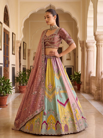 Multi Pure Banarasi Silk Handwork Moti Dori &amp; Multi Thread Sequins Work Bridal Lehenga Choli