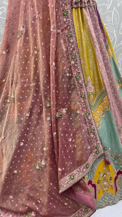 Multi Pure Banarasi Silk Handwork Moti Dori &amp; Multi Thread Sequins Work Bridal Lehenga Choli