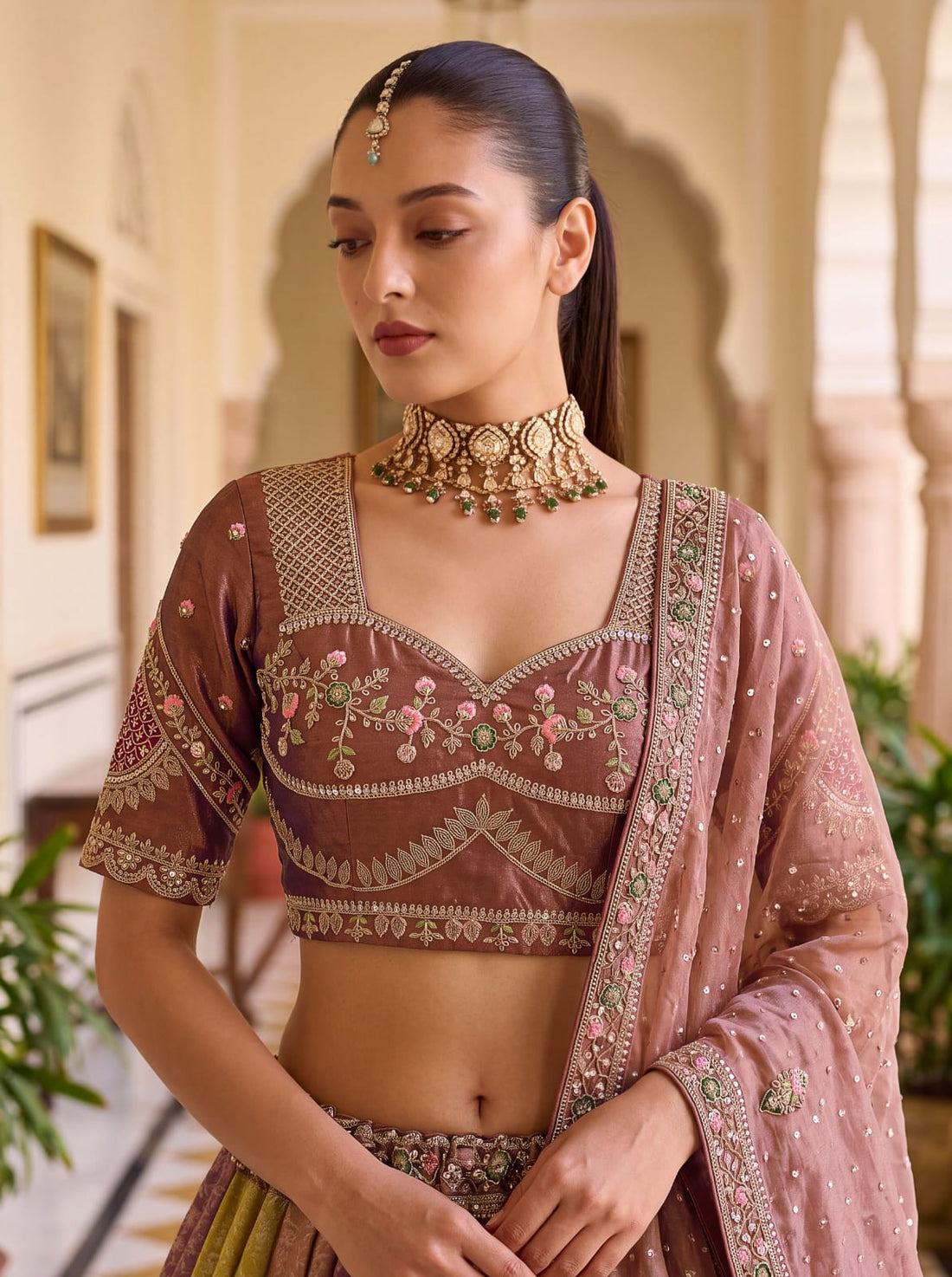 Multi Pure Banarasi Silk Handwork Moti Dori &amp; Multi Thread Sequins Work Bridal Lehenga Choli