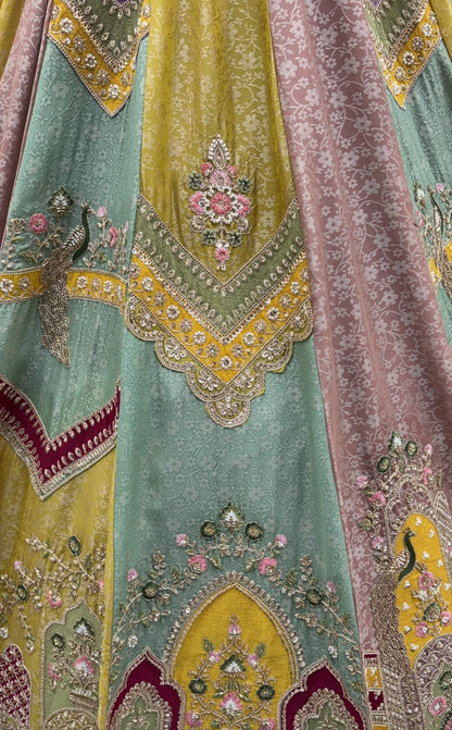 Multi Pure Banarasi Silk Handwork Moti Dori &amp; Multi Thread Sequins Work Bridal Lehenga Choli