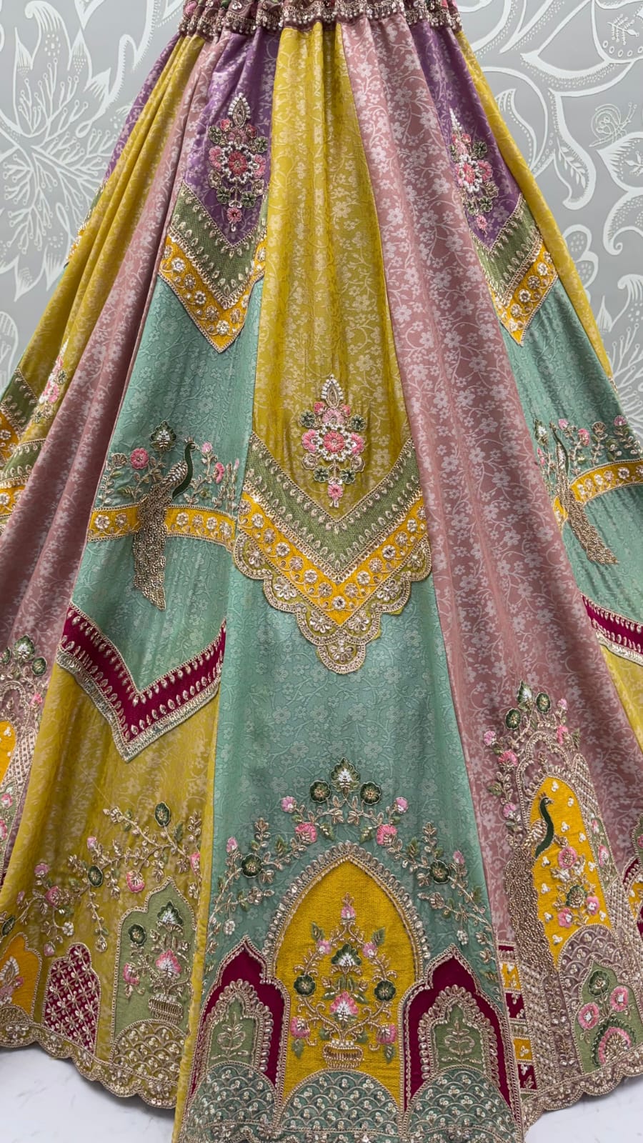 Multi Pure Banarasi Silk Handwork Moti Dori &amp; Multi Thread Sequins Work Bridal Lehenga Choli