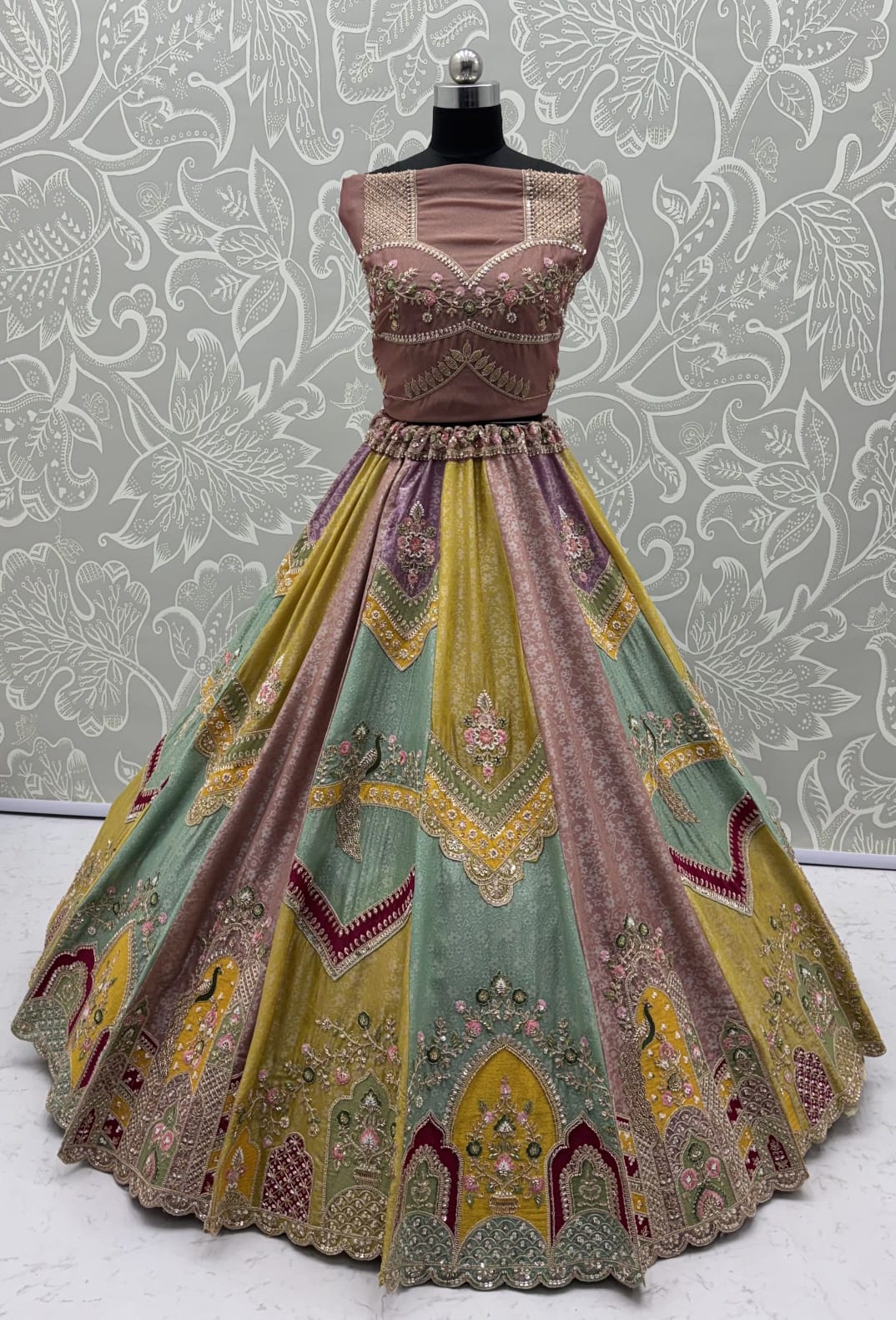 Multi Pure Banarasi Silk Handwork Moti Dori &amp; Multi Thread Sequins Work Bridal Lehenga Choli