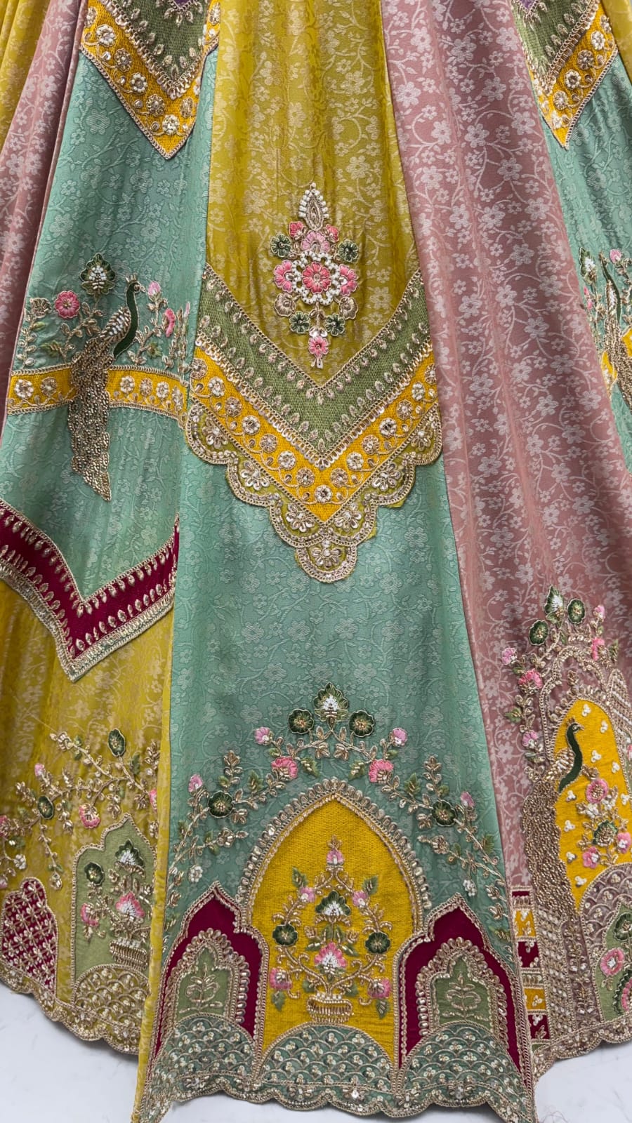 Multi Pure Banarasi Silk Handwork Moti Dori &amp; Multi Thread Sequins Work Bridal Lehenga Choli