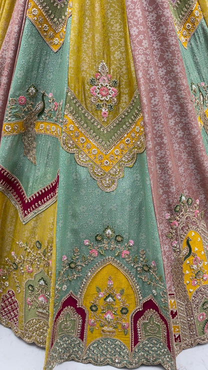 Multi Pure Banarasi Silk Handwork Moti Dori &amp; Multi Thread Sequins Work Bridal Lehenga Choli