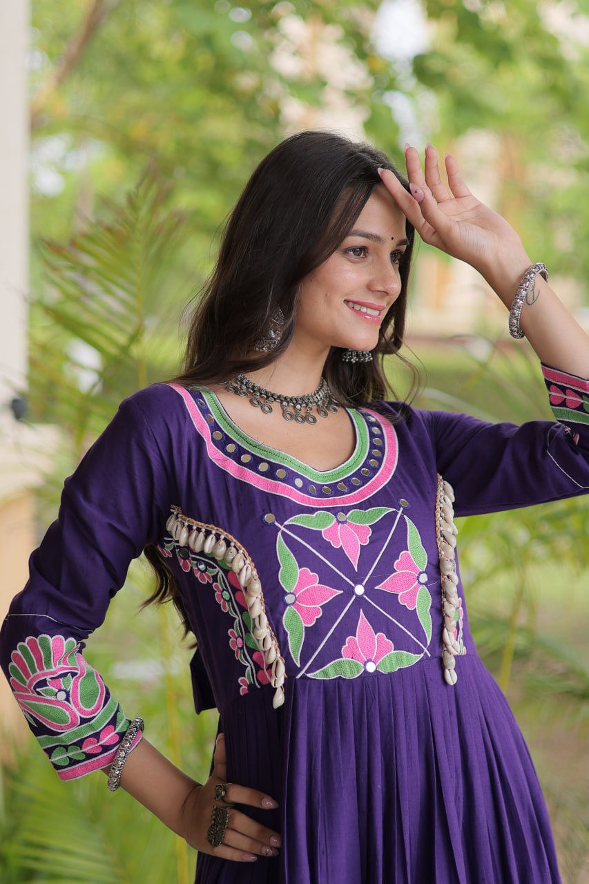 Purple Pure Kora Cotton Multi Thread Gotta Patti Mirror Work Navratri Lehenga Choli
