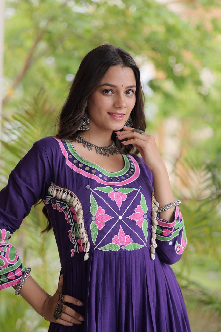 Purple Pure Kora Cotton Multi Thread Gotta Patti Mirror Work Navratri Lehenga Choli