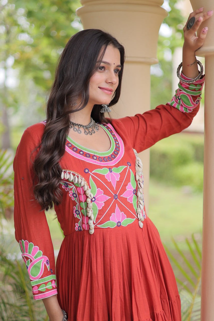 Rust Pure Kora Cotton Multi Thread Gotta Patti Mirror Work Navratri Lehenga Choli