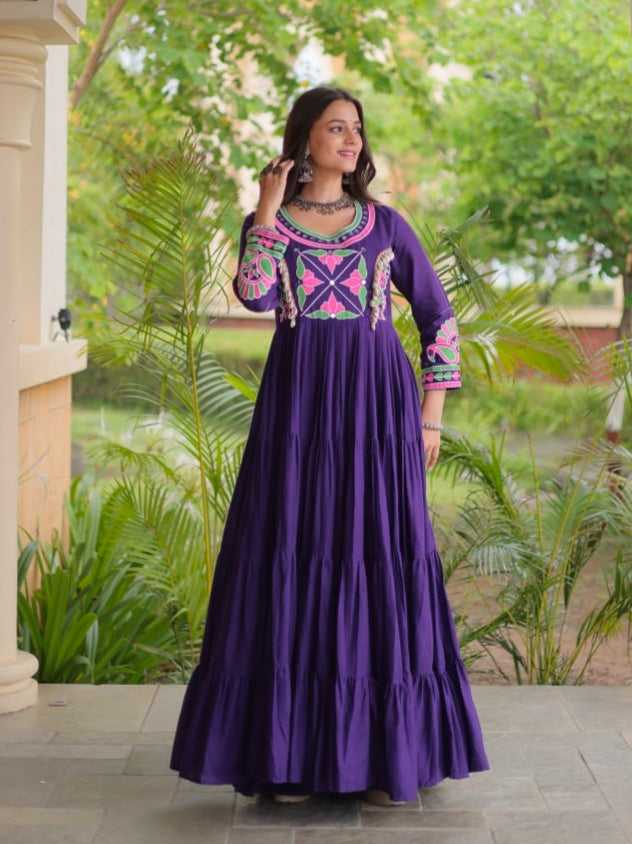 Purple Pure Kora Cotton Multi Thread Gotta Patti Mirror Work Navratri Lehenga Choli