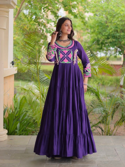 Purple Pure Kora Cotton Multi Thread Gotta Patti Mirror Work Navratri Lehenga Choli