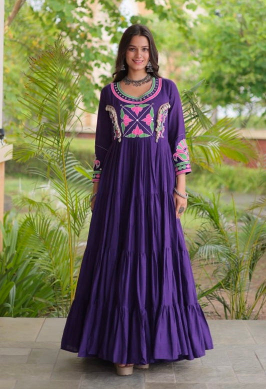 Purple Pure Kora Cotton Multi Thread Gotta Patti Mirror Work Navratri Lehenga Choli