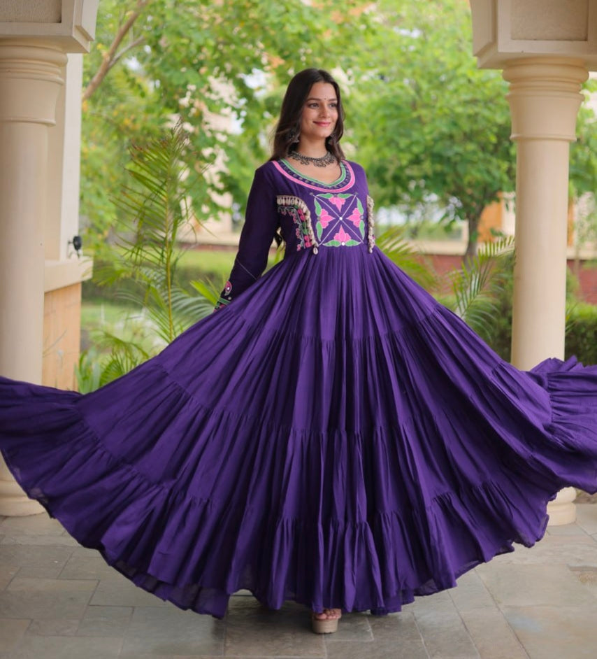 Purple Pure Kora Cotton Multi Thread Gotta Patti Mirror Work Navratri Lehenga Choli