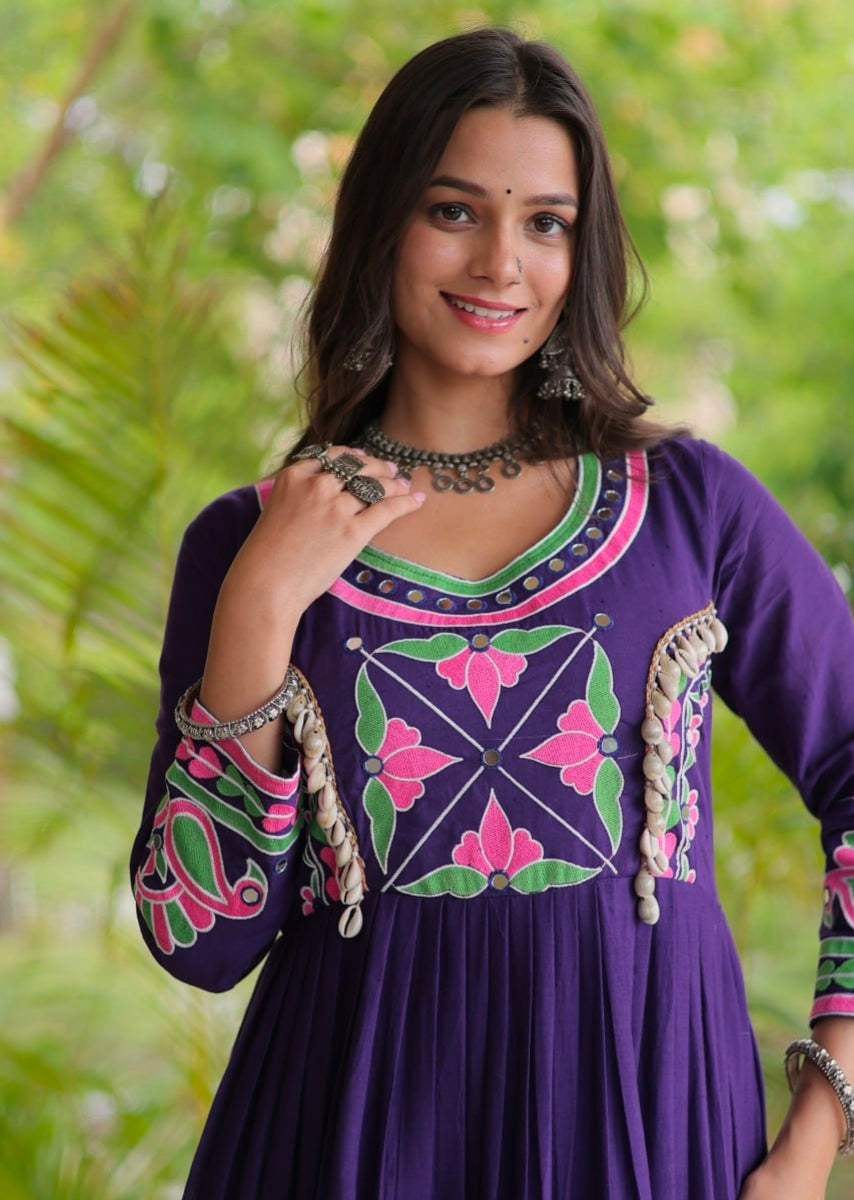 Purple Pure Kora Cotton Multi Thread Gotta Patti Mirror Work Navratri Lehenga Choli