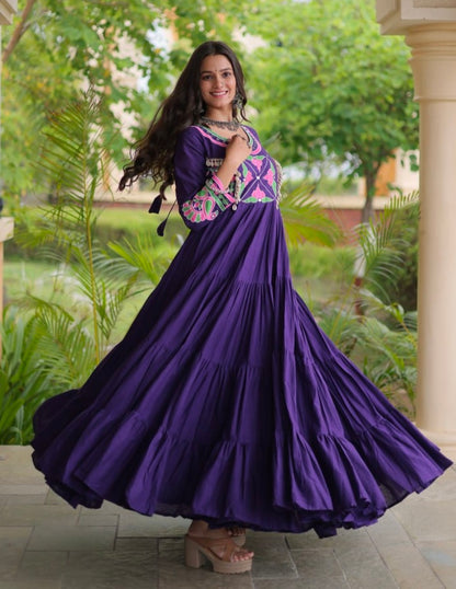 Purple Pure Kora Cotton Multi Thread Gotta Patti Mirror Work Navratri Lehenga Choli