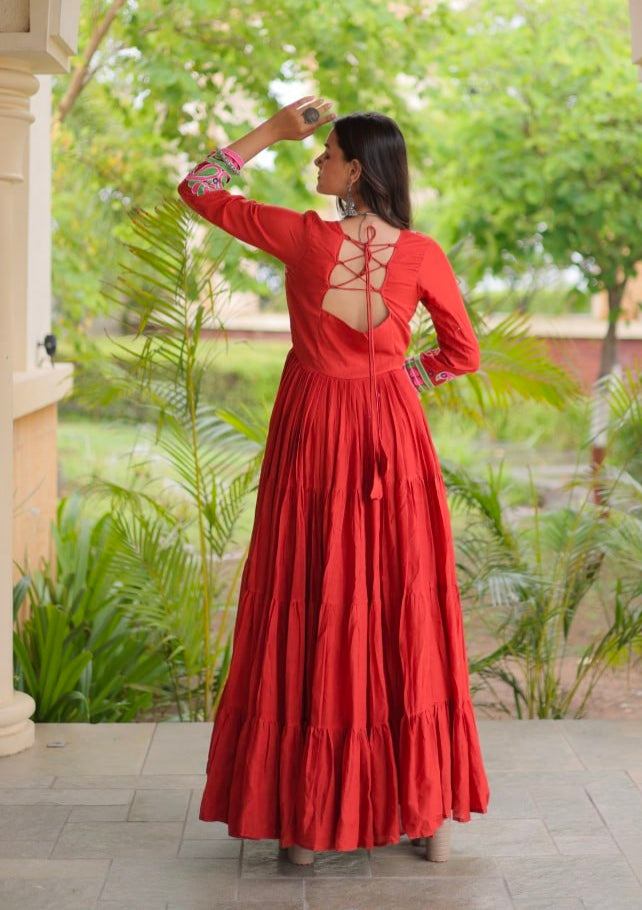 Rust Pure Kora Cotton Multi Thread Gotta Patti Mirror Work Navratri Lehenga Choli