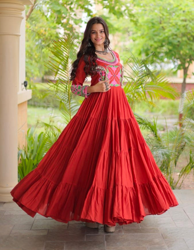 Rust Pure Kora Cotton Multi Thread Gotta Patti Mirror Work Navratri Lehenga Choli