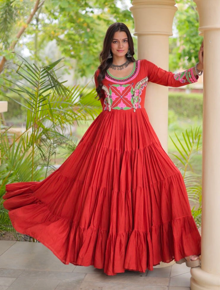 Rust Pure Kora Cotton Multi Thread Gotta Patti Mirror Work Navratri Lehenga Choli