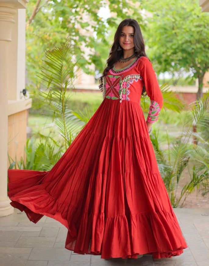Rust Pure Kora Cotton Multi Thread Gotta Patti Mirror Work Navratri Lehenga Choli