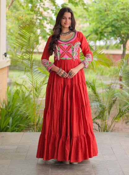 Rust Pure Kora Cotton Multi Thread Gotta Patti Mirror Work Navratri Lehenga Choli
