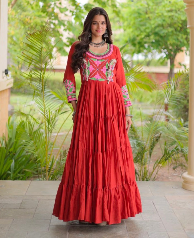Rust Pure Kora Cotton Multi Thread Gotta Patti Mirror Work Navratri Lehenga Choli
