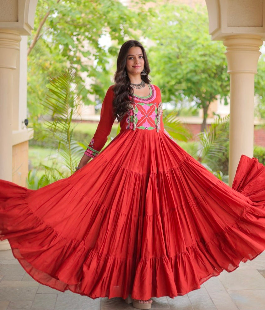 Rust Pure Kora Cotton Multi Thread Gotta Patti Mirror Work Navratri Lehenga Choli