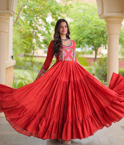 Rust Pure Kora Cotton Multi Thread Gotta Patti Mirror Work Navratri Lehenga Choli