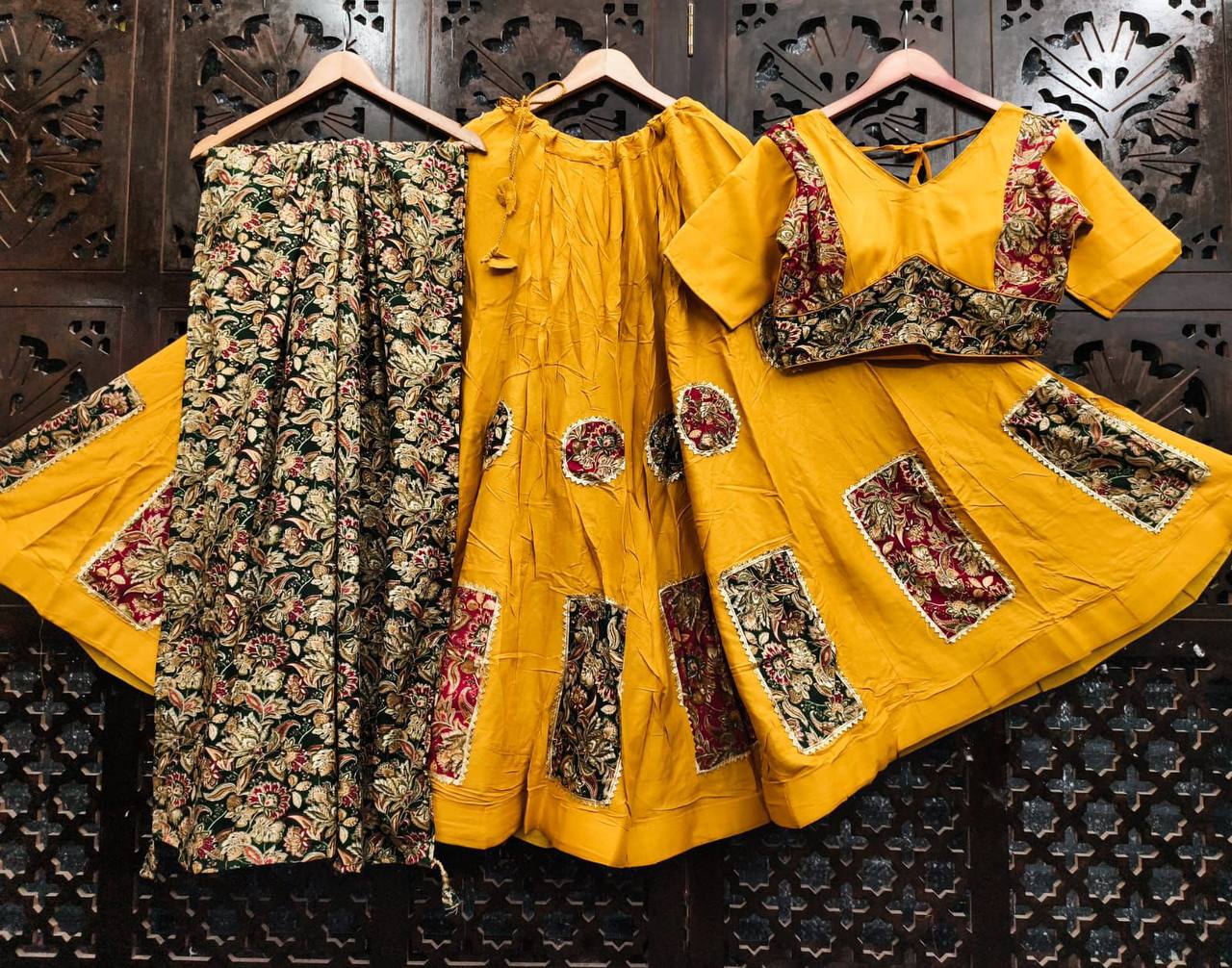 Yellow Pure Rayon Cotton Multi Print Patch Work Navratri Lehenga Choli