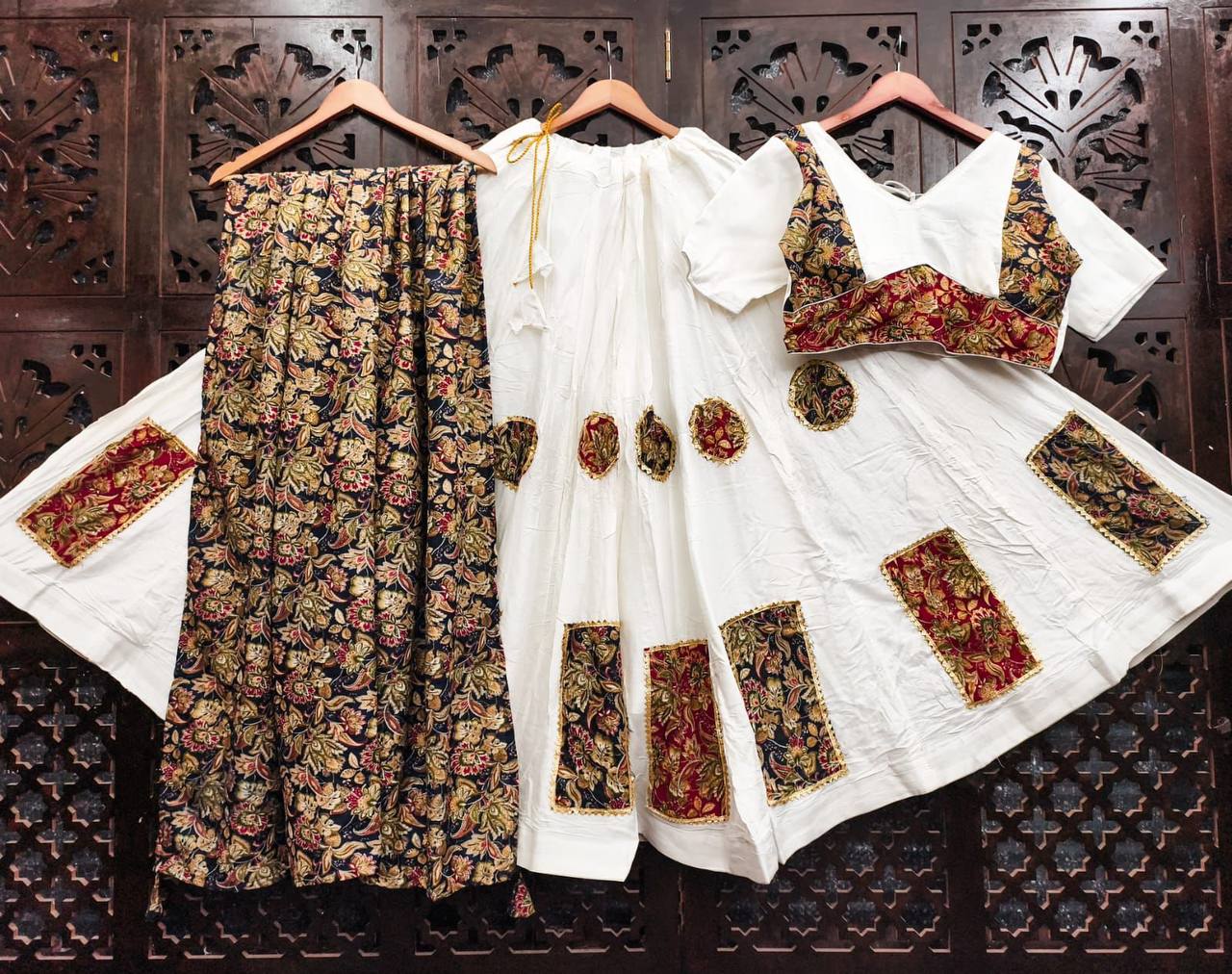 White Pure Rayon Cotton Multi Print Patch Work Navratri Lehenga Choli