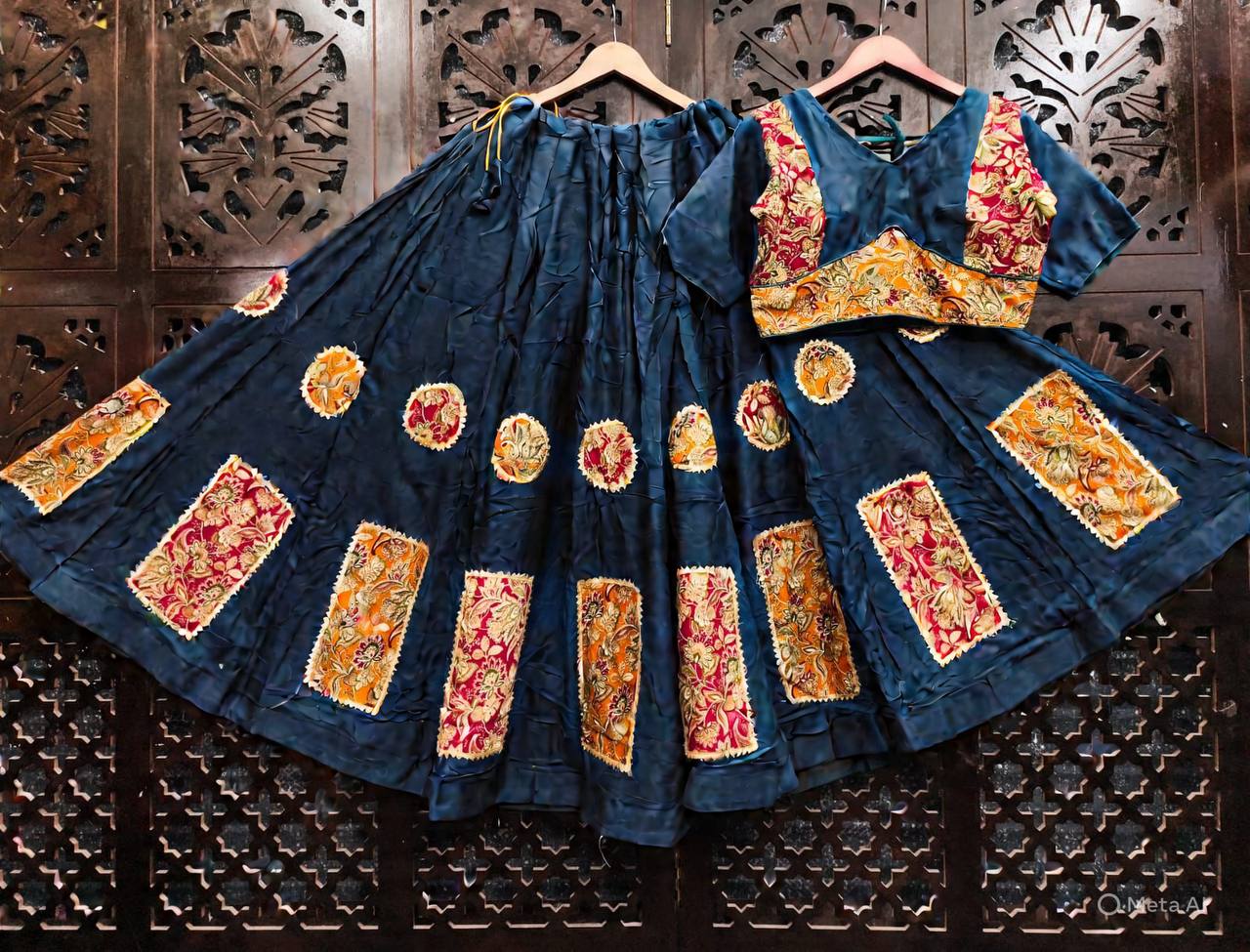 Navy Blue Pure Rayon Cotton Multi Print Patch Work Navratri Lehenga Choli