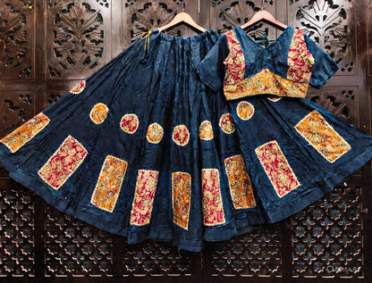 Navy Blue Pure Rayon Cotton Multi Print Patch Work Navratri Lehenga Choli
