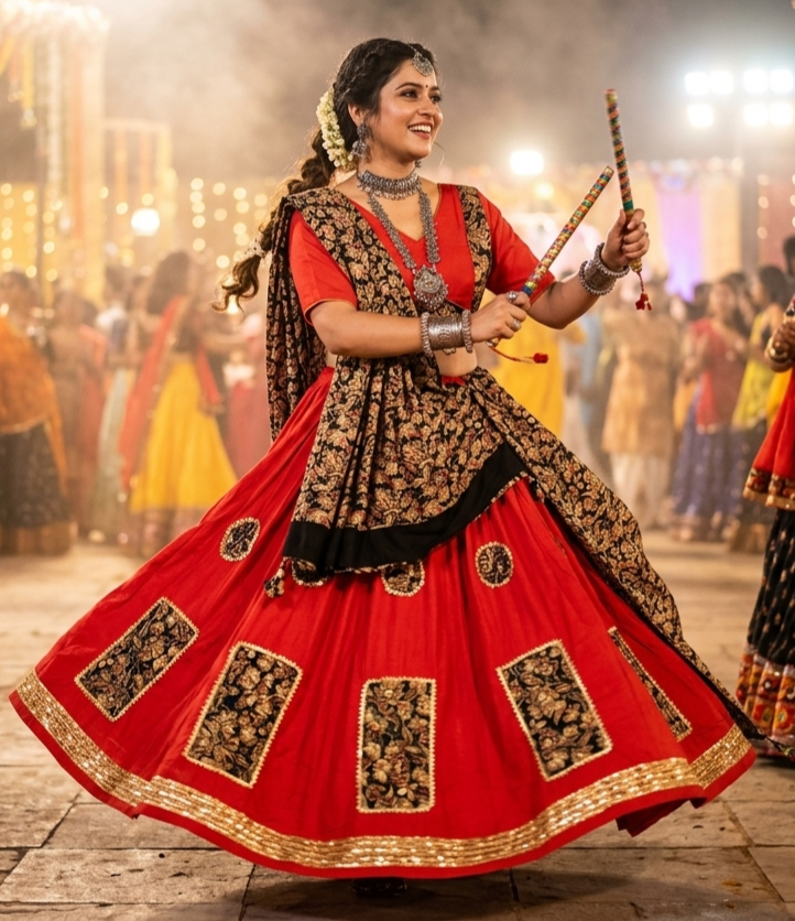 Orange Pure Rayon Cotton Multi Print Patch Work Navratri Lehenga Choli